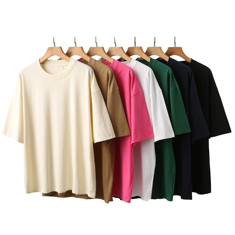 High Quality Oversized Heavy Tops T-shirt for Men Short Sleeve Tee Cotton Solid Color Trend Leisure Green White Black