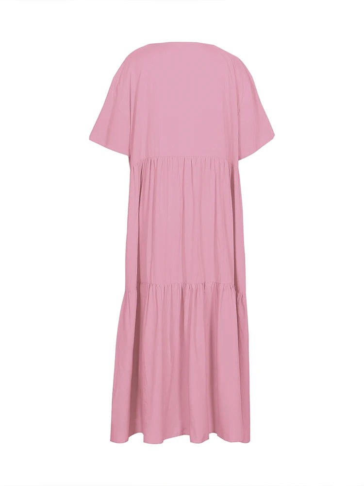 Plus Size Women's V Neck Pleated Solid Ankle Length Dress For Spring Summer