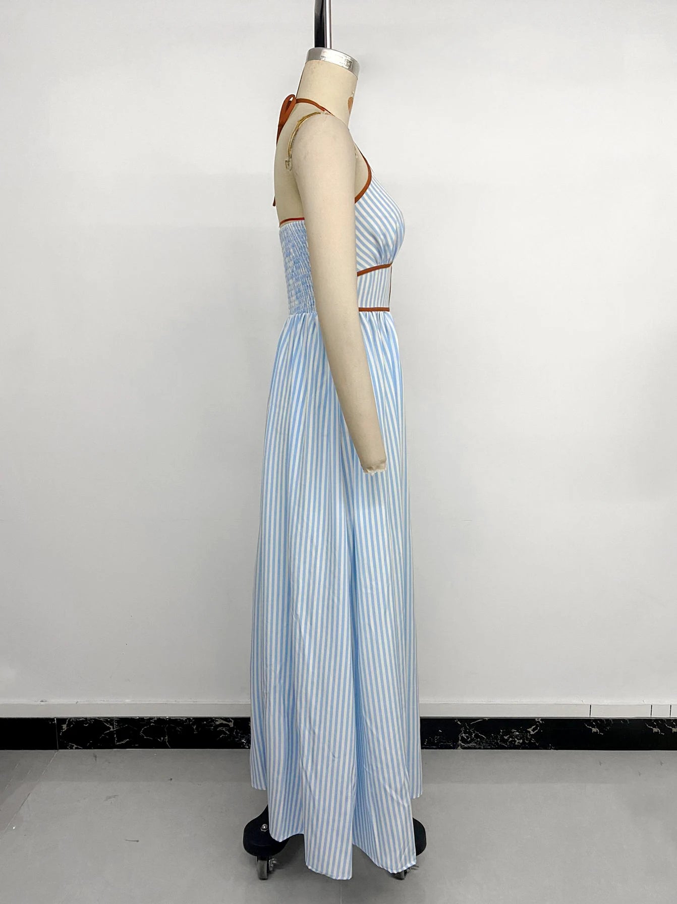 2026 Summer Striped Deep V Neck Backless Sleeveless Beach Long Dress
