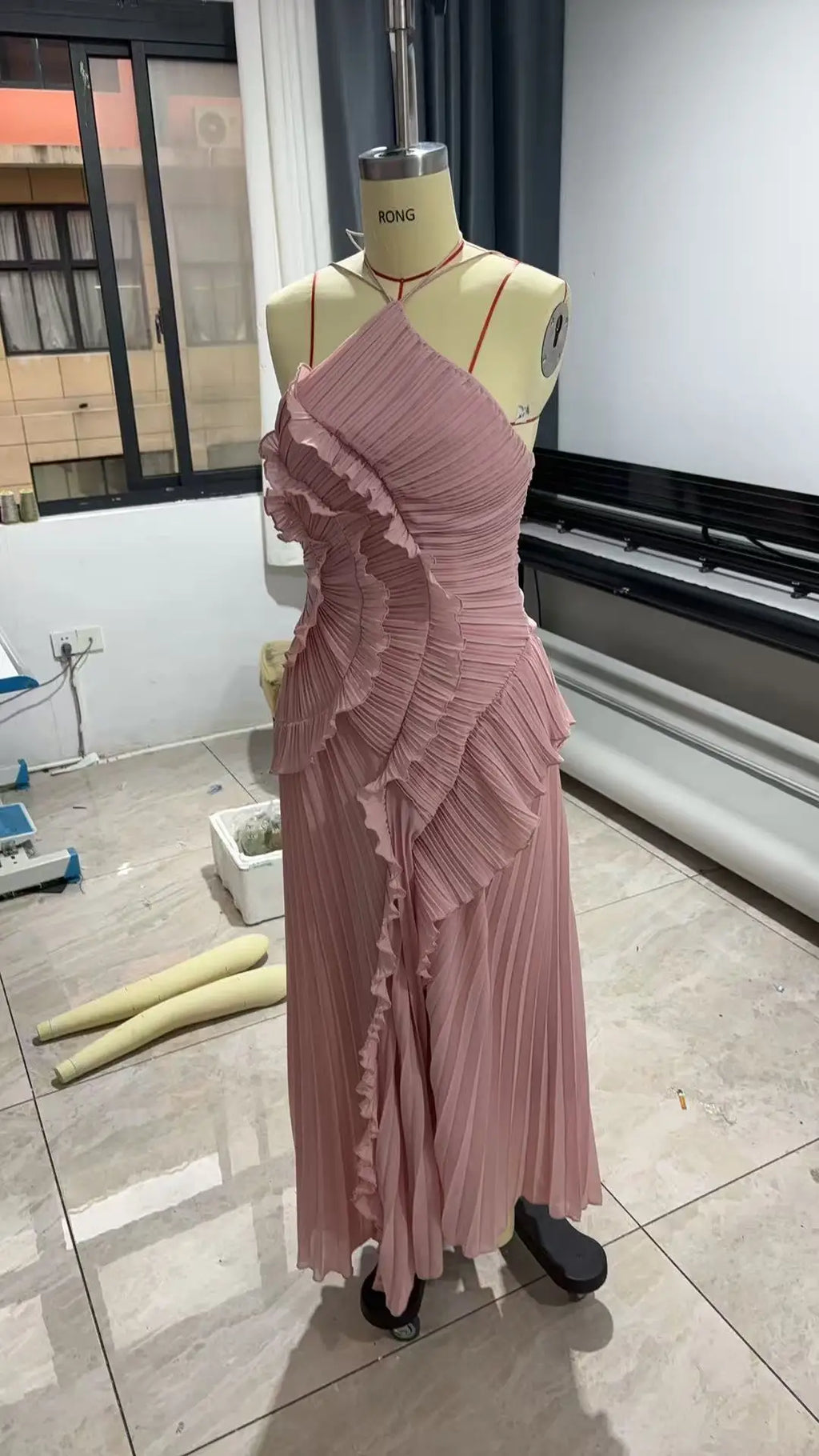 Gown Neck Strap Irregular Long Dress For Women Ruffle High Waist Backless Dress