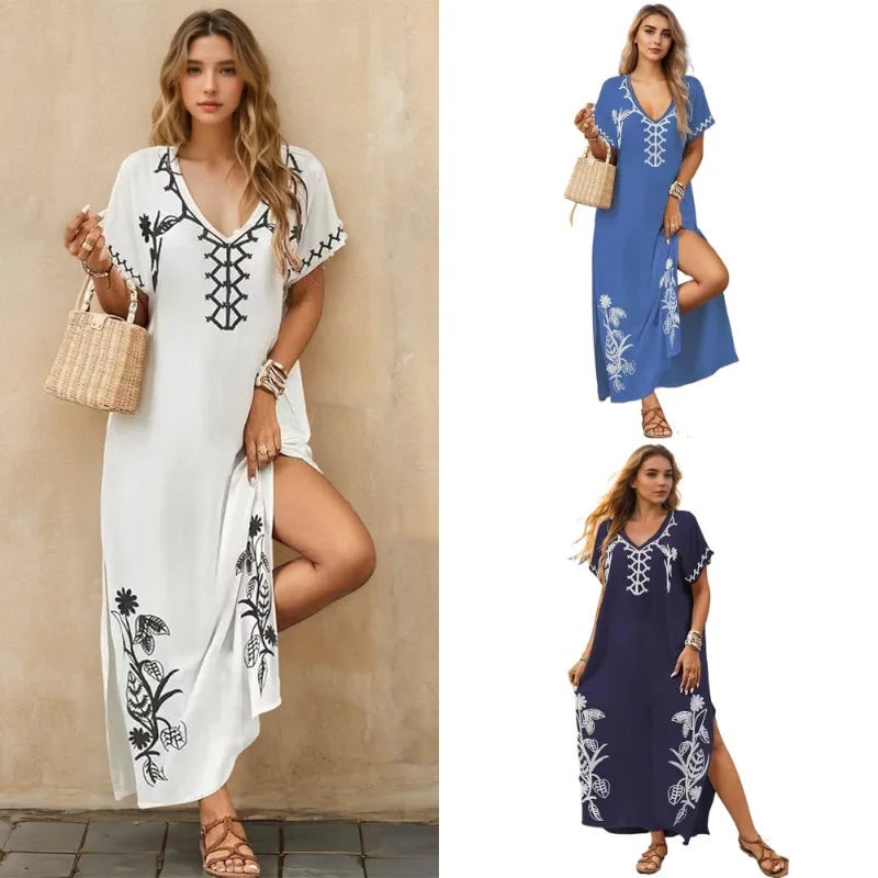 Kaftan dresses for women floral embroidery bathing suit cover up V neck caftan swimsuit coverup