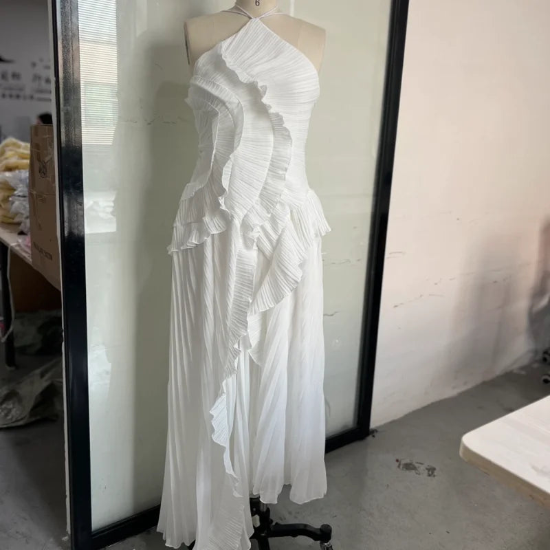 Gown Neck Strap Irregular Long Dress For Women Ruffle High Waist Backless Dress