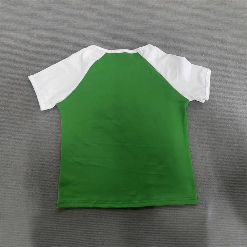 2025 Summer New y2k Leisure Color Blocked Embroidered Nigeria Letter Green T-shirt trend 2025 Women's Clothing Crop Top