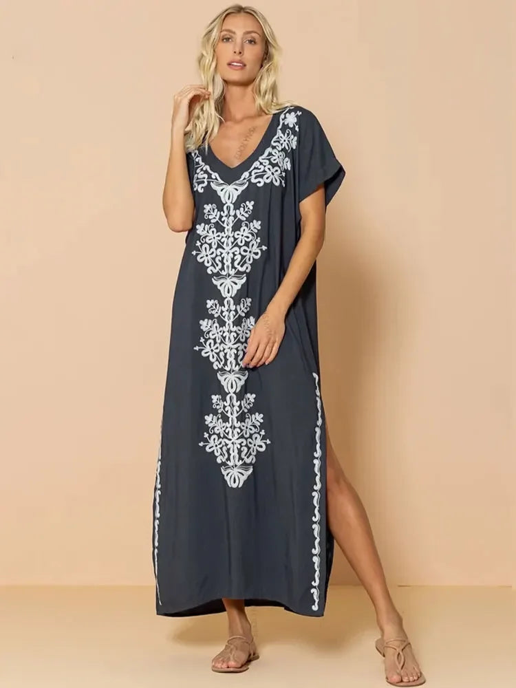 Embroidery Robe V-neck Batwing Sleeve Beach Maxi Dress Plus Size Loose Side Slit Summer Women Kaftans Dress Beachwear Q790