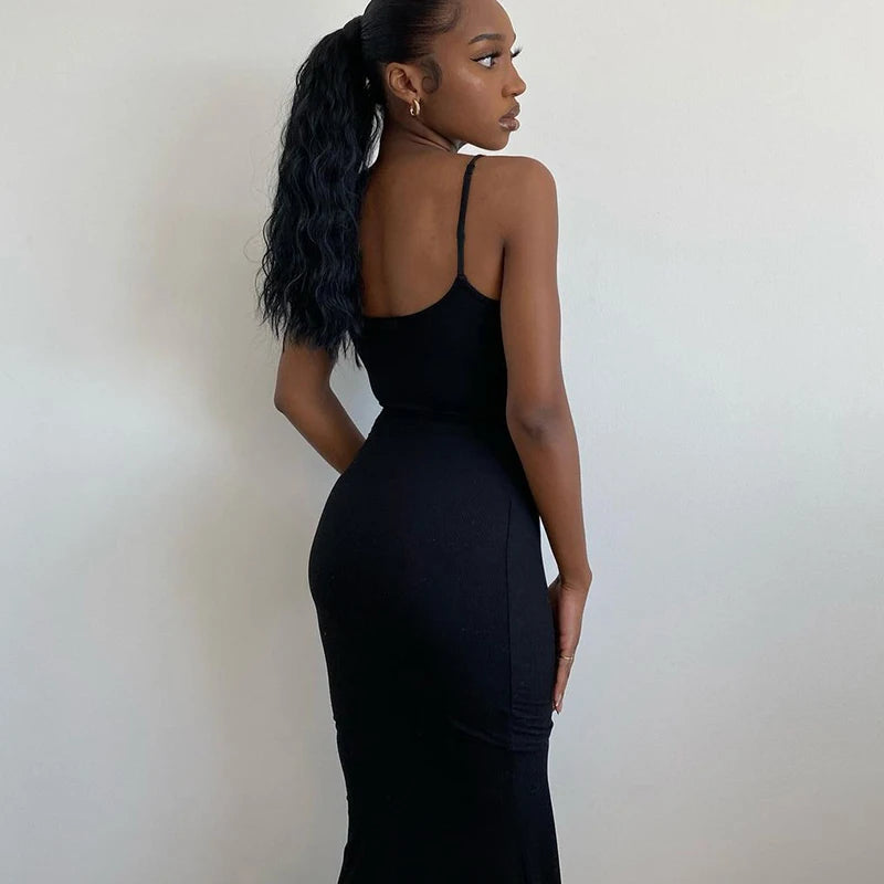 Elegant Black Bodycon Maxi Dress Women Sleeveless Backless Summer 2024 Party