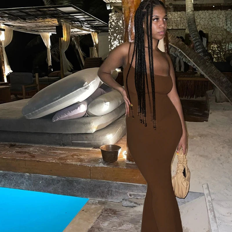 Elegant Black Bodycon Maxi Dress Women Sleeveless Backless Summer 2024 Party